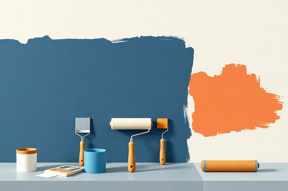 Outils de peinture disposés dans l'ordre des étapes du chantier