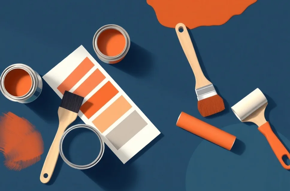 Pots de peinture, nuancier, brosses et rouleaux disposés à plat