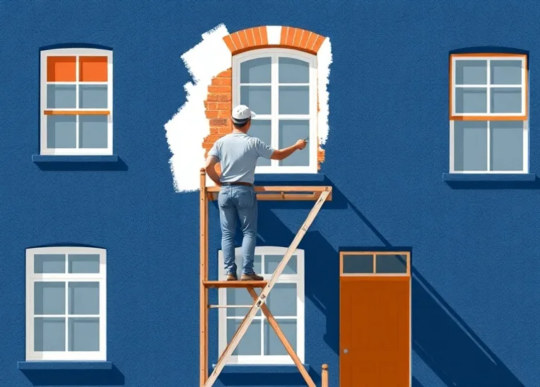 Peintre sur échafaudage traitant la façade d'une maison