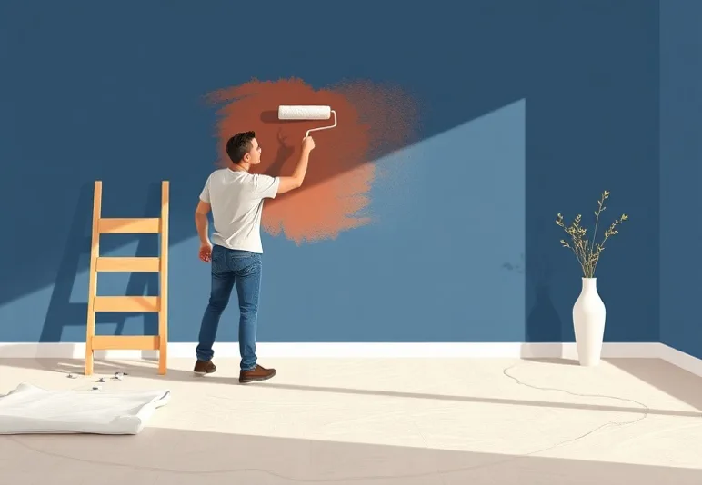 Peintre appliquant la peinture au rouleau sur un mur de salon